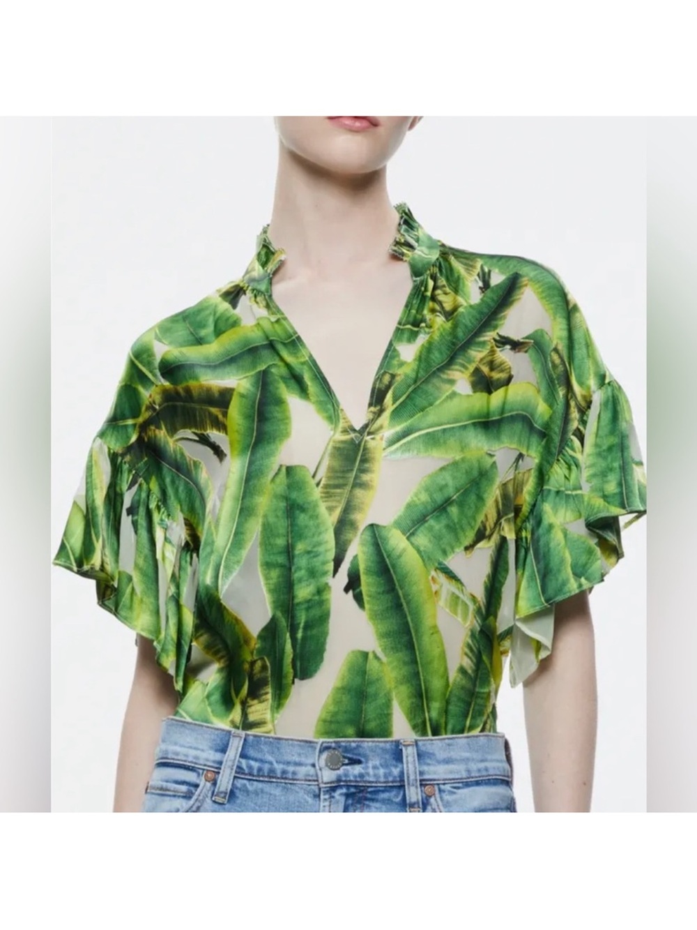 Alice + Olivia Green Tropical Leaf Ruffle Blouse